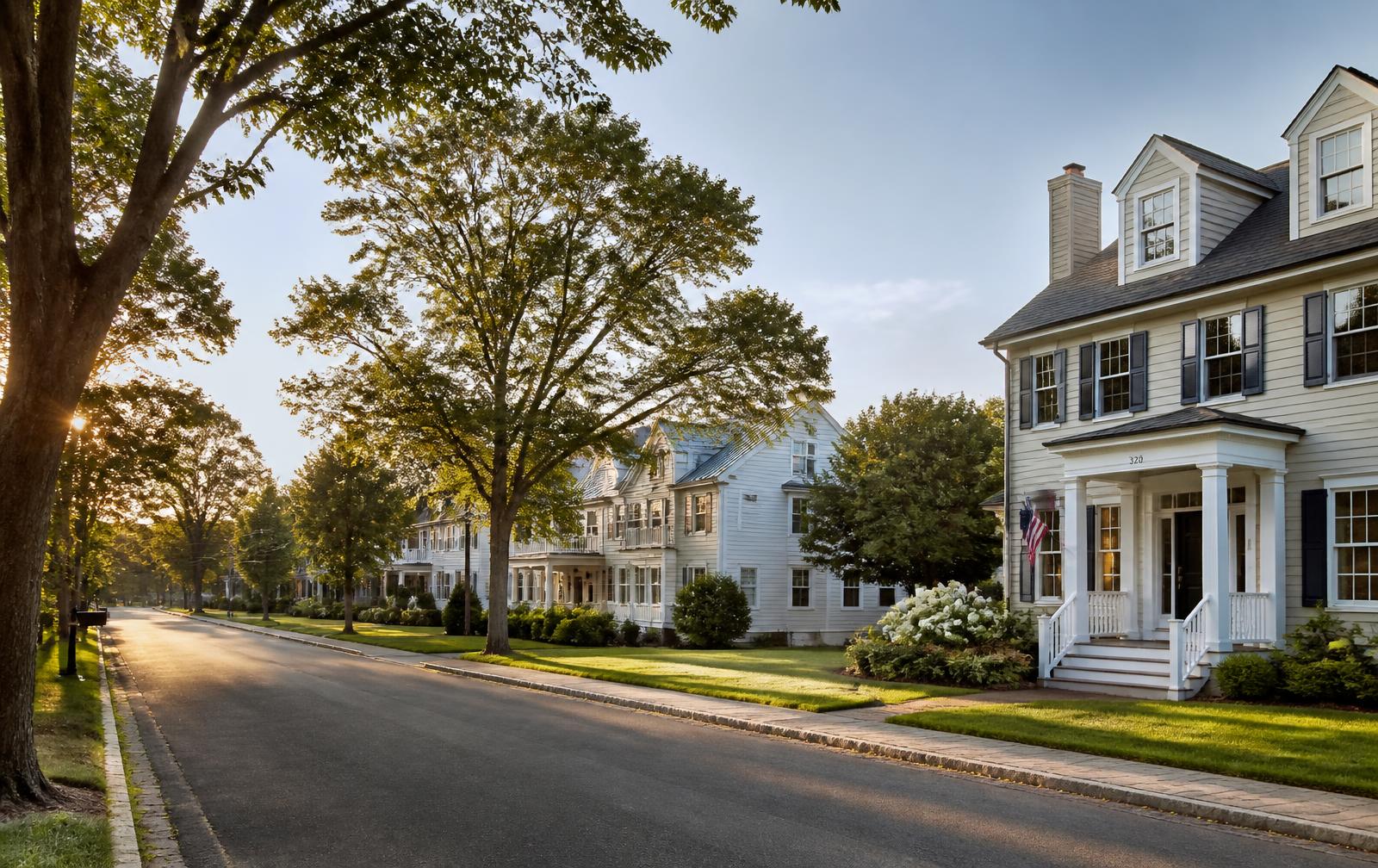 Tree-lined South Jersey street with classic colonial homes at golden hour